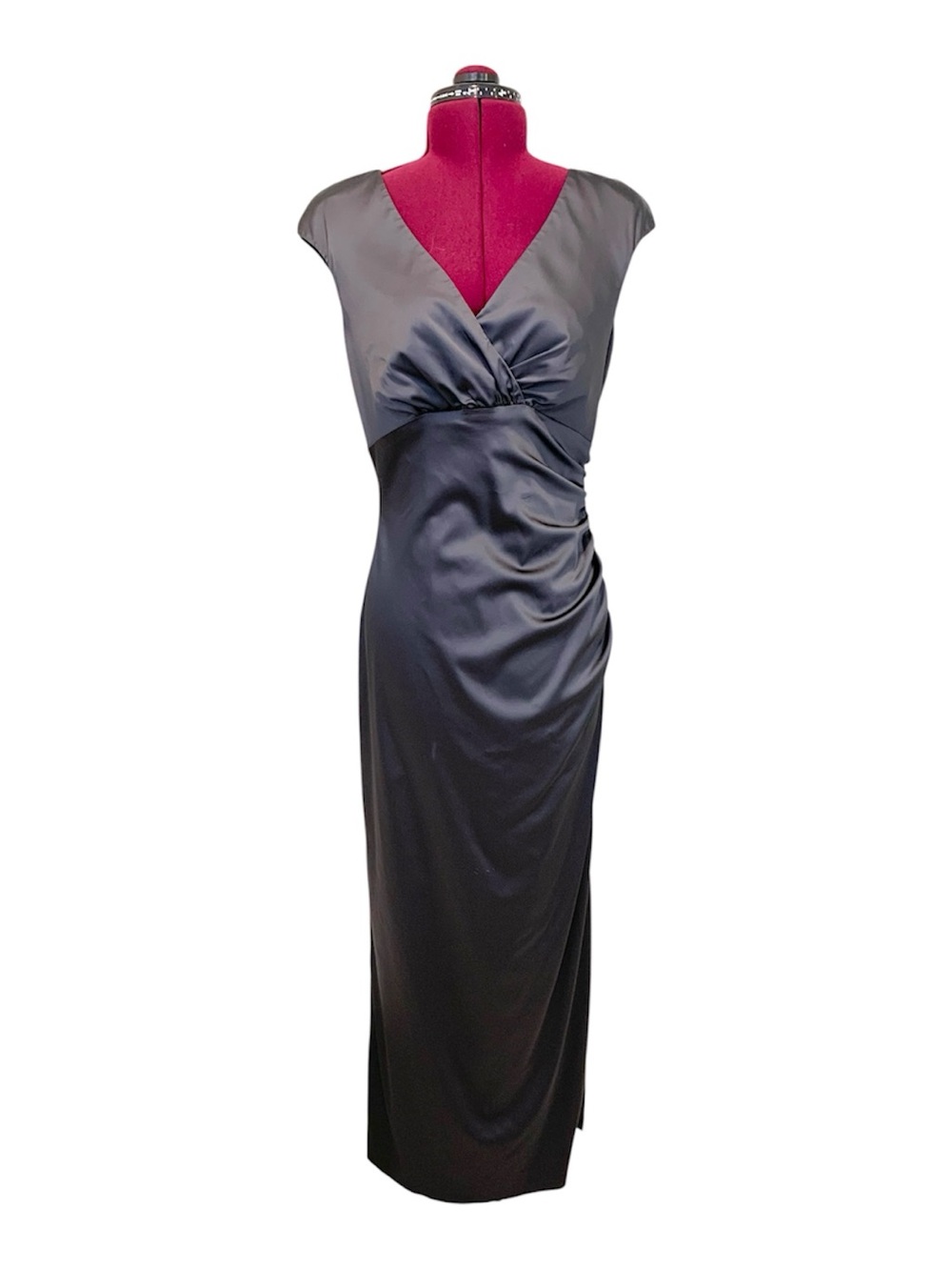 Lauren Ralph Lauren Satin V-Neck Evening Dress Gray 12 - Picture 16 of 16